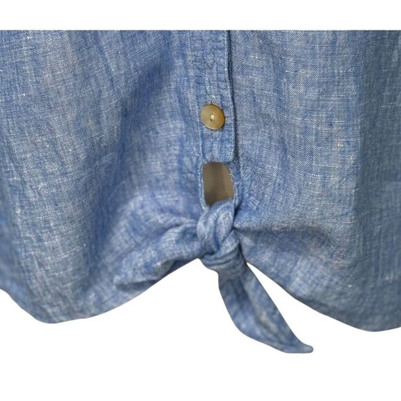 John Mark Linen V-Neck Blouse Long Roll Tab Sleeves Tie Waist Blue Resort Size S - Picture 3 of 11